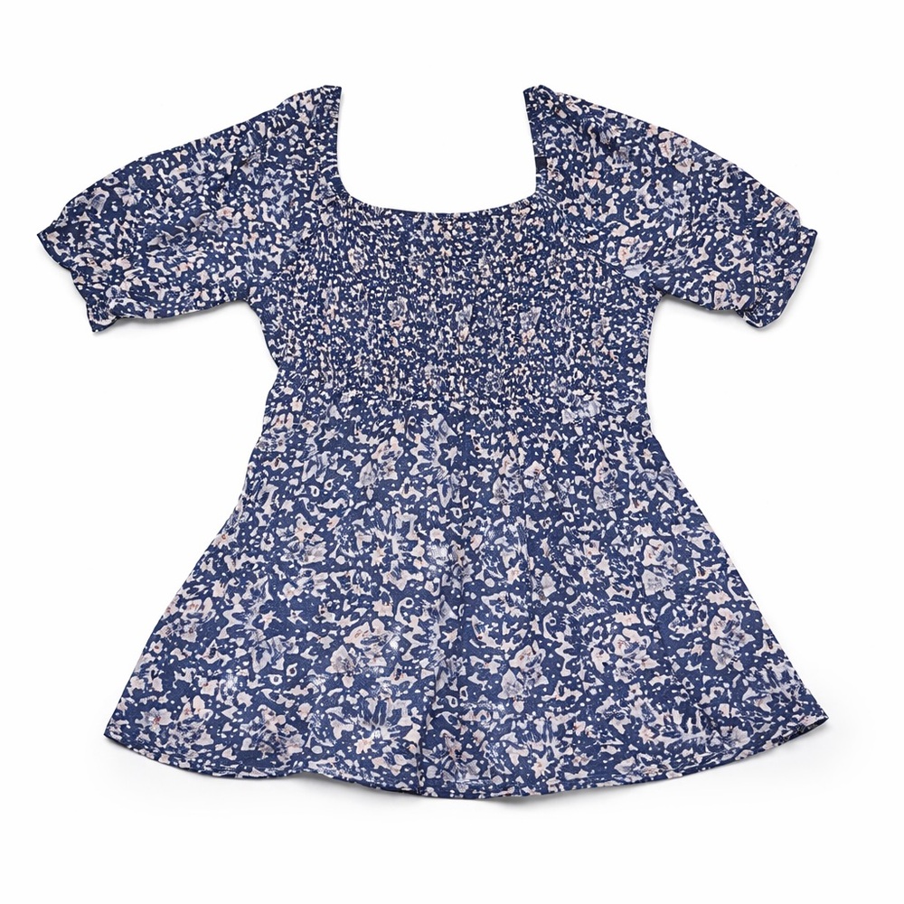 Blue Floral Smocked Square-Neck Women's Top